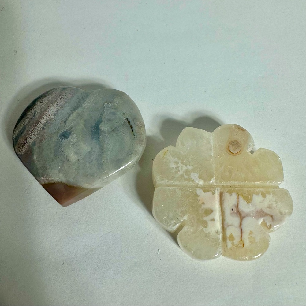 Two beautiful crystals. Flower Agate 4 leaf clover  & grey moonstone